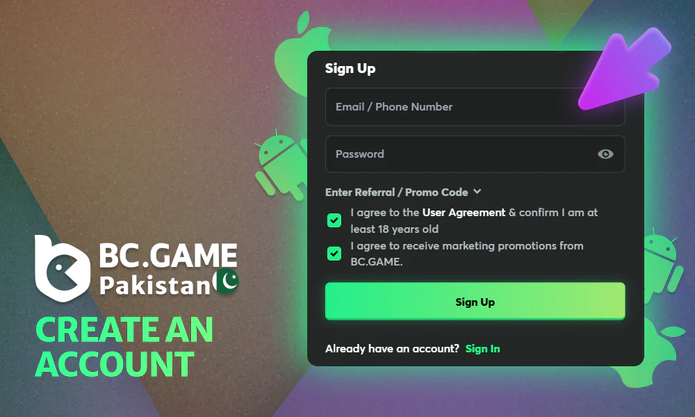 How do you create a new account at BC Game via APK